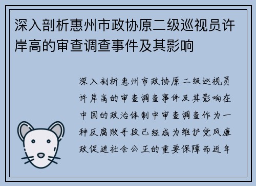 深入剖析惠州市政协原二级巡视员许岸高的审查调查事件及其影响