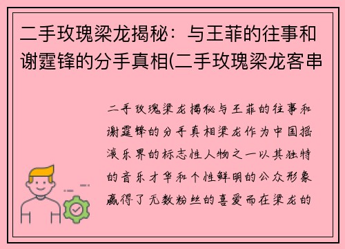 二手玫瑰梁龙揭秘：与王菲的往事和谢霆锋的分手真相(二手玫瑰梁龙客串过什么电影)